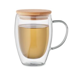 MUG EN VERRE DOUBLE PAROI 300ML AVEC ANSE COUVERCLE EN BAMBOU LCH