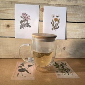 MUG EN VERRE DOUBLE PAROI 300ML AVEC ANSE COUVERCLE EN BAMBOU LCH