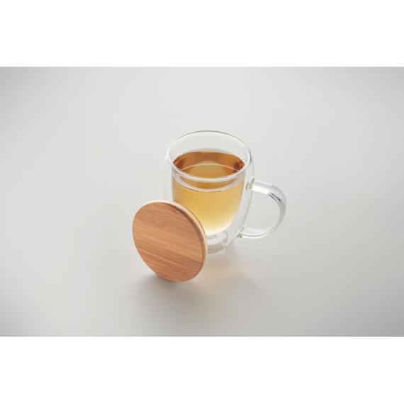 MUG EN VERRE DOUBLE PAROI 300ML AVEC ANSE COUVERCLE EN BAMBOU LCH